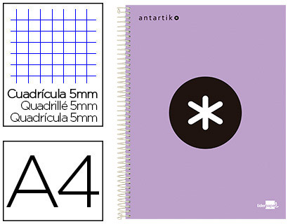CUADERNO ESPIRAL LIDERPAPEL A4 MICRO ANTARTIK TAPA FORRADA120H 100 GR CUADRO 5MM 5 BANDA4 TALADROS COLOR LAVANDA