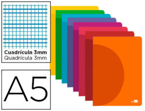LIBRETA LIDERPAPEL 360 TAPA DE PLASTICO A5 48 HOJAS 90G/M2 CUADRO 3 MM CON MARGEN COLORES SURTIDOS