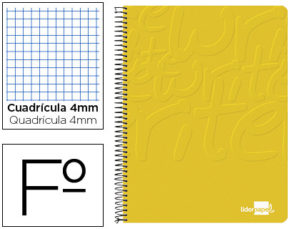 CUADERNO ESPIRAL LIDERPAPEL FOLIO WRITE TAPA BLANDA 80H 60GR CUADRO 4MM CON MARGEN COLOR AMARILLO