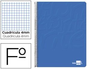 CUADERNO ESPIRAL LIDERPAPEL FOLIO WRITE TAPA BLANDA 80H 60GR CUADRO 4MM CON MARGEN COLOR AZUL