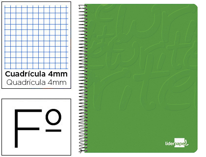 CUADERNO ESPIRAL LIDERPAPEL FOLIO WRITE TAPA BLANDA 80H 60GR CUADRO 4MM CON MARGEN COLOR VERDE