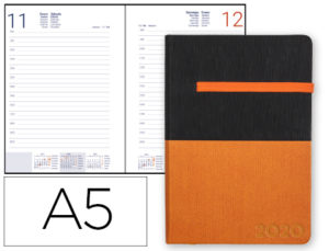 AGENDA ENCUADERNADA LIDERPAPEL LEONTIO A5 2020 DIA PAGINA NEGRA NARANJA PAPEL 70 GR