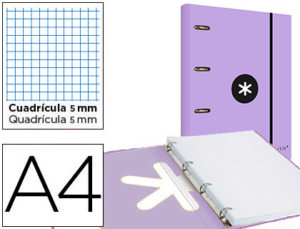 CARPETA CON RECAMBIO Y SOLAPA LIDERPAPEL ANTARTIK A4 CUADRO 5MM FORRADA 4 ANILLAS REDONDAS 40MM COLOR LAVANDA