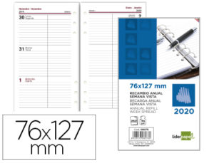 RECAMBIO AGENDA ANILLAS LIDERPAPEL 2020 SEMANA VISTA 76X127MM PAPEL 70 GR