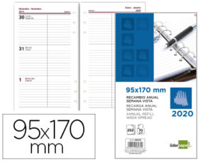 RECAMBIO AGENDA ANILLAS LIDERPAPEL 2020 SEMANA VISTA 95X170MM PAPEL 70 GR
