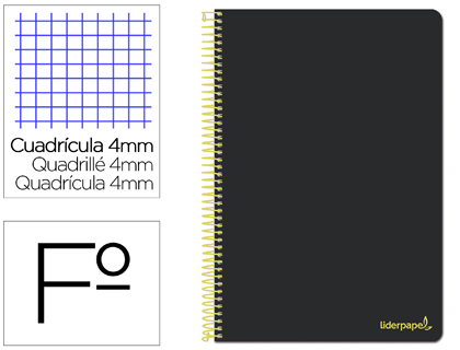 CUADERNO ESPIRAL LIDERPAPEL FOLIO SMART TAPA BLANDA 80H 60GR CUADRO 4MM CON MARGEN COLOR NEGRO