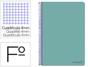 CUADERNO ESPIRAL LIDERPAPEL FOLIO SMART TAPA BLANDA 80H 60GR CUADRO 4MM CON MARGEN COLOR TURQUESA