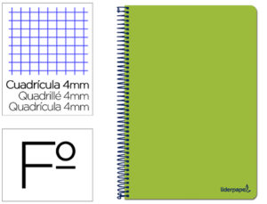 CUADERNO ESPIRAL LIDERPAPEL FOLIO SMART TAPA BLANDA 80H 60GR CUADRO 4MM CON MARGEN COLOR VERDE
