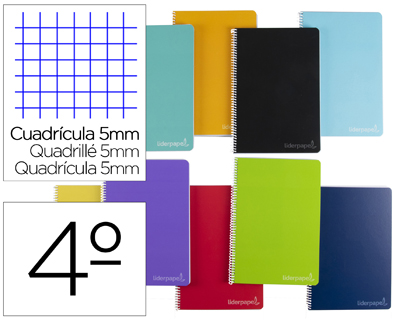 CUADERNO ESPIRAL LIDERPAPEL CUARTO WITTY TAPA DURA 80H 75GR CUADRO 5MM CON MARGEN COLORES SURTIDOS