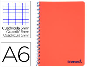 CUADERNO ESPIRAL LIDERPAPEL A6 MICRO WONDER TAPA PLASTICO 120H 90 GR CUADRO 5MM 4 BANDAS COLOR ROJO