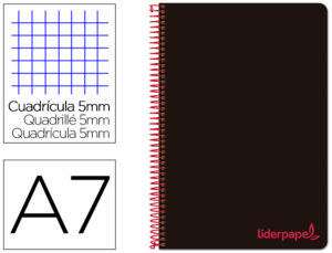 CUADERNO ESPIRAL LIDERPAPEL A7 MICRO WONDER TAPA PLASTICO 100H 90 GR CUADRO 5MM 4 BANDAS COLOR NEGRO