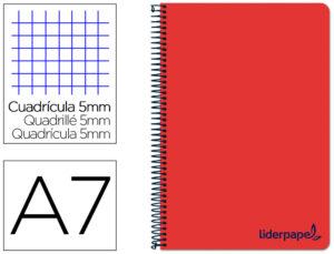 CUADERNO ESPIRAL LIDERPAPEL A7 MICRO WONDER TAPA PLASTICO 100H 90 GR CUADRO 5MM 4 BANDAS COLOR ROJO