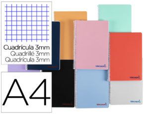 CUADERNO ESPIRAL LIDERPAPEL A4 WONDER TAPA PLASTICO 80H 90GR CUADRO 3MM CON MARGEN COLORES SURTIDOS