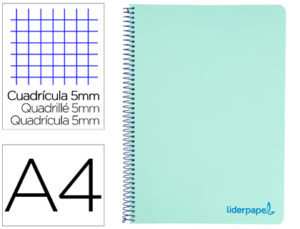 CUADERNO ESPIRAL LIDERPAPEL A4 MICRO WONDER TAPA PLASTICO 120H 90 GR CUADRO 5 MM 5 BANDAS 4 TALADROS COLOR VERDE