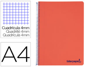 CUADERNO ESPIRAL LIDERPAPEL A4 WONDER TAPA PLASTICO 80H 90GR CUADRO 4MM CON MARGEN COLOR ROJO