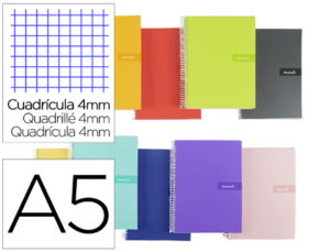 CUADERNO ESPIRAL LIDERPAPEL A5 CRAFTY TAPA FORRADA 80H 90 GR CUADRO 4 MM CON MARGEN COLORES SURTIDOS