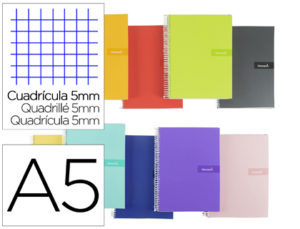 CUADERNO ESPIRAL LIDERPAPEL A5 CRAFTY TAPA FORRADA 80H 90 GR CUADRO 5 MM CON MARGEN COLORES SURTIDOS