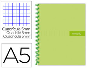 CUADERNO ESPIRAL LIDERPAPEL A5 MICRO CRAFTY TAPA FORRADA 120H 90 GR CUADRO 5MM 5 BANDAS6 TALADROS COLOR VERDE