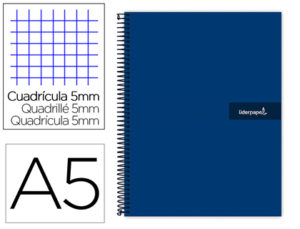 CUADERNO ESPIRAL LIDERPAPEL A5 MICRO CRAFTY TAPA FORRADA 120H 90 GR CUADRO 5MM 5 BANDAS6 TALADROS COLOR AZUL