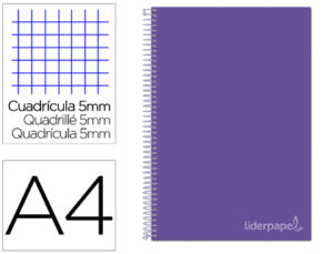 CUADERNO ESPIRAL LIDERPAPEL A4 MICRO JOLLY TAPA FORRADA 140H 75 GR CUADRO 5MM 5 BANDAS 4 TALADROS COLOR LILA