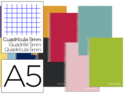 CUADERNO ESPIRAL LIDERPAPEL A5 MICRO JOLLY TAPA FORRADA 140H 75 GR CUADRO 5MM 5 BANDAS6 TALADROS COLORES SURTIDOS