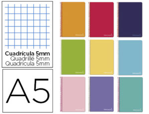 CUADERNO ESPIRAL LIDERPAPEL A5 MICRO WITTY TAPA DURA 140H 75GR CUADRO 5MM 5 BANDAS 6 TALADROS COLORES SURTIDOS