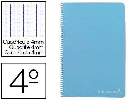 CUADERNO ESPIRAL LIDERPAPEL CUARTO WITTY TAPA DURA 80H 75GR CUADRO 4MM CON MARGEN COLOR CELESTE