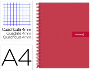 CUADERNO ESPIRAL LIDERPAPEL A4 CRAFTY TAPA FORRADA 80H 90 GR CUADRO 4MM CON MARGEN COLOR ROJA