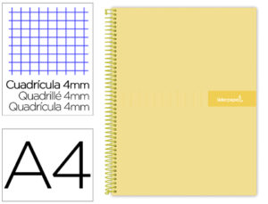 CUADERNO ESPIRAL LIDERPAPEL A4 CRAFTY TAPA FORRADA 80H 90 GR CUADRO 4MM CON MARGEN COLOR AMARILLO