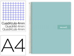 CUADERNO ESPIRAL LIDERPAPEL A4 CRAFTY TAPA FORRADA 80H 90 GR CUADRO 4MM CON MARGEN COLOR TURQUESA