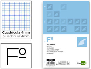 RECAMBIO LIDERPAPEL FOLIO 100 HOJAS 60G/M2CUADRO 4MM CON MARGEN 4 TALADROS