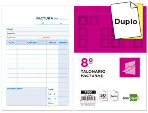 TALONARIO LIDERPAPEL FACTURAS 8º ORIGINAL Y COPIA T200 CON I.V.A