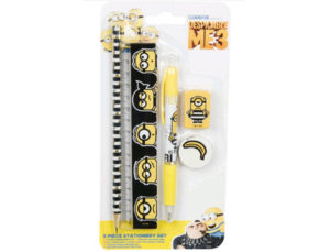 SET ESCOLAR MINIONS 3 CON 5 PIEZAS PORTAMINAS LAPIZ SACAPUNTAS GOMA Y REGLA