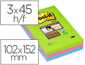 BLOC DE NOTAS ADHESIVAS QUITA Y PON POST-IT SUPER STICKY NEON RAYADO 102X152 MM PACK DE 3 UNIDADES COLORES