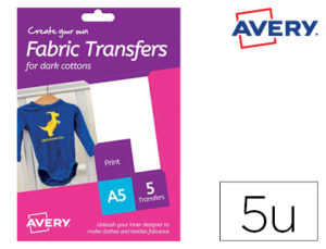 PAPEL TRANSFER AVERY PARA CAMISETAS ALGODON COLORES OSCUROS INK-JET DIN A5 PACK DE 5 HOJAS