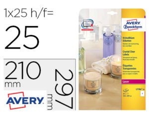 ETIQUETA ADHESIVA AVERY TAMAÑO 210X297 MM PERMANENTE LASER TRANSPARENTE CAJA DE 25 UNIDADES