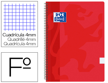 CUADERNO ESPIRAL OXFORD SCHOOL CLASSIC TAPA POLIPROPILENO FOLIO 80 HOJAS CUADRO 4 MM CON MARGEN ROJO