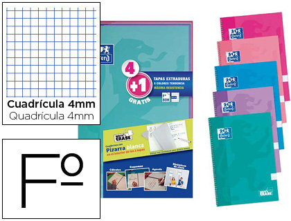 CUADERNO ESPIRAL OXFORD TAPA EXTRADURA FOLIO 80 HOJAS CUADRO 4 MM WRITE&ERASE PIZARRA PACK 4+1 UNIDADES