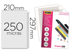 BOLSA DE PLASTIFICAR FELLOWES BRILLO DIN A4 250 MICRAS PACK DE 100 UNIDADES