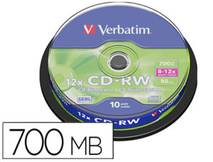 CD-RW VERBATIM SERL CAPACIDAD 700MB VELOCIDAD 12X 80 MIN TARRINA DE 10 UNIDADES