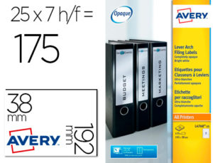 ETIQUETA ADHESIVA AVERY PERMANENTE BLANCA 38X192 MM PARA LOMO ARCHIVADOR LASER CAJA DE 175 UNIDADES