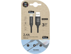 CABLE USB 2.4 TECH ONE TECH BRAIDED NYLON TIPO USB APPLE MICRO USB LONGITUD 1 MT COLOR NEGRO