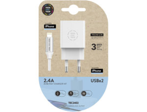 CARGADOR TECH ONE TECH 2.4 DOBLE USB + CABLE BRAIDED NYLON MICRO USB APPLE LONGITUD 1 MT COLOR BLANCO