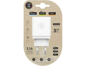 CARGADOR TECH ONE TECH 3.1 PARED TRIPLE PARA IPHONE / MICRO USB / TYPE-C COLOR BLANCO