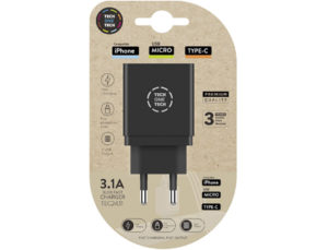 CARGADOR TECH ONE TECH 3.1 PARED TRIPLE PARA IPHONE / MICRO USB / TYPE-C COLOR NEGRO
