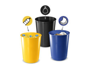 KIT 3 PAPELERAS PLASTICO CEP MAXI COLOR AMARILLO / AZUL / NEGRO 40 LITROS