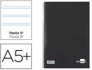CUADERNO ESPIRAL LIDERPAPEL TAPA DURA NEGRA CUARTO 80H NC 03 2 RAYAS PAUTA 5
