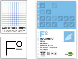 RECAMBIO LIDERPAPEL FOLIO 100 HOJAS 60G/M2 CUADRO 4MM CON MARGEN 16 TALADROS