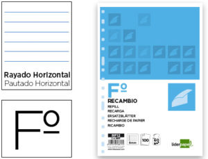RECAMBIO LIDERPAPEL FOLIO 100 HOJAS 60G/M2 HORIZONTAL SIN MARGEN 16 TALADROS