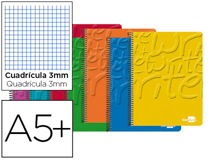 CUADERNO ESPIRAL LIDERPAPEL CUARTO WRITE TAPA BLANDA 80H 60 GR CUADRO 3MM CONMARGEN COLORES SURTIDOS